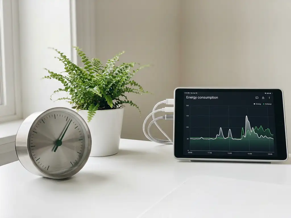 Energiemonitor-Dashboard auf weißem Schreibtisch mit analogem Messgerät, grüner Pflanze und ordentlich verlegten Kabeln im Sonnenlicht.