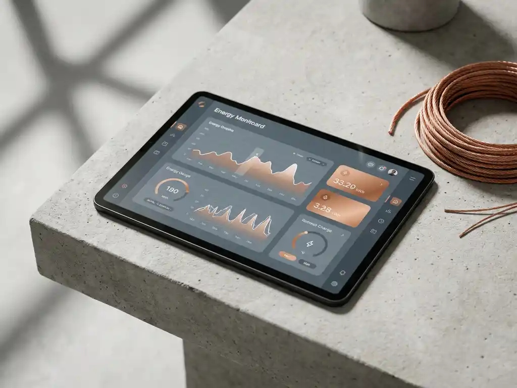 Energiemonitoring-Dashboard auf schwarzem Tablet, umgeben von Kupferkabeln auf hellgrauer Betonoberfläche.