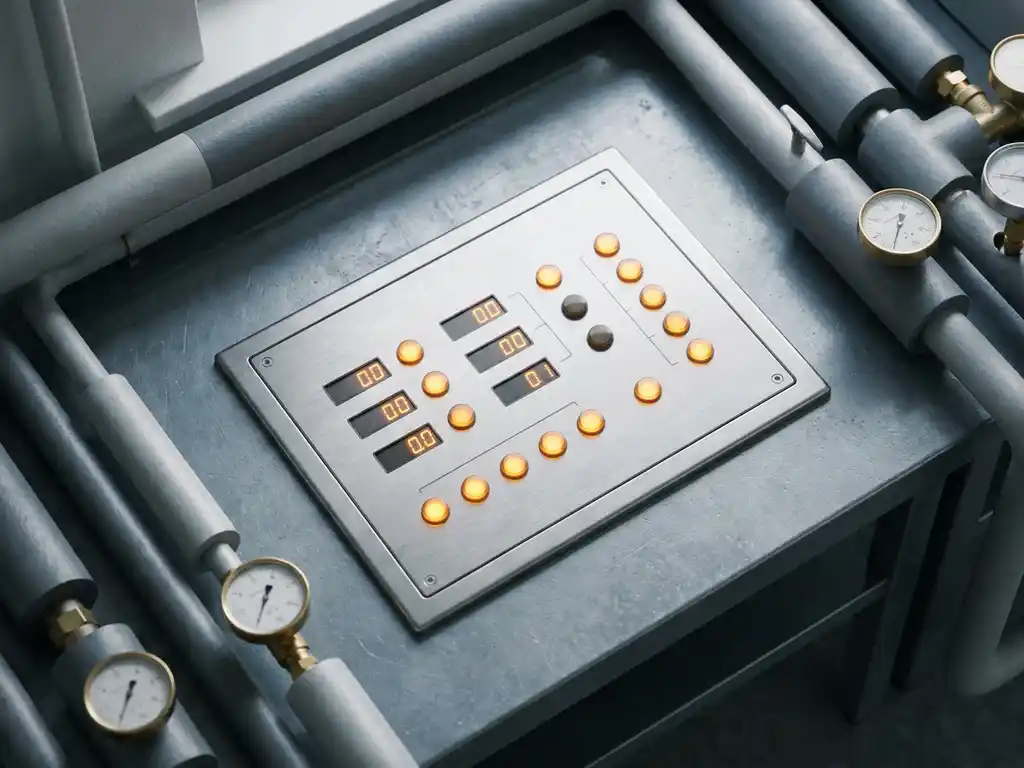 Energiemonitor-Panel mit leuchtenden Bernstein-Kontrollleuchtern auf gebürstetem Stahl, umgeben von Industrierohren und Präzisionsmessgeräten.