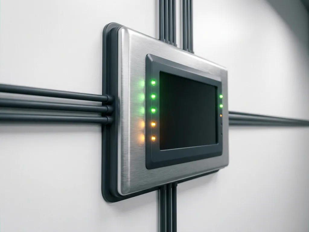 Energiemonitor-Panel an weißer Wand mit grünen und bernsteinfarbenen LED-Anzeigen auf gebürstetem Aluminium.