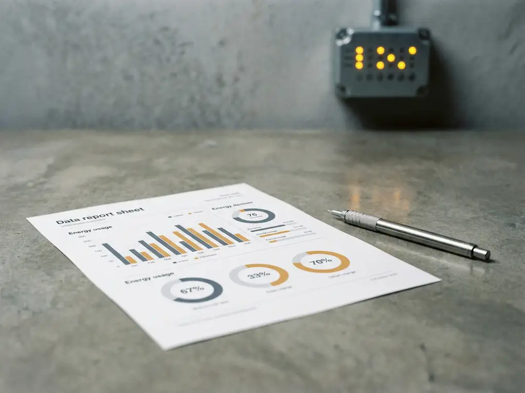 Energiemonitoring-Bericht auf poliertem Beton, Stift daneben, Steuergerät mit Bernstein-LEDs im Hintergrund.