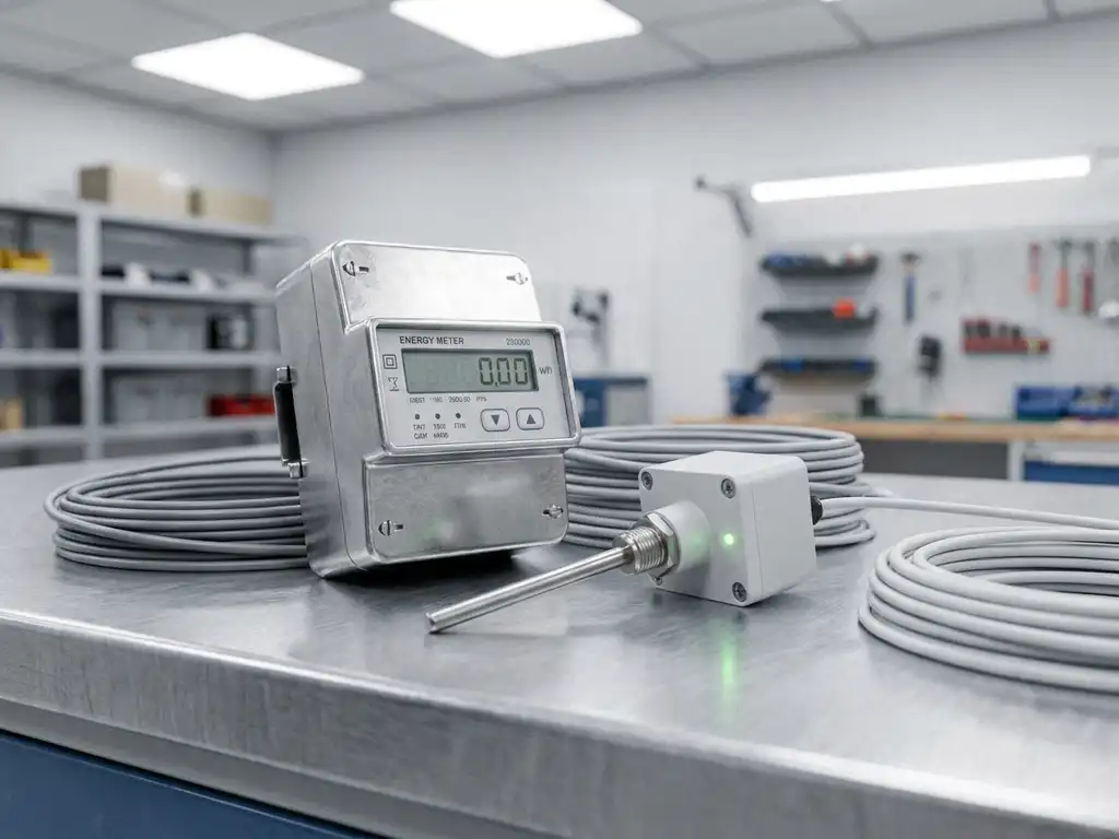 Energiezähler und Industriesensor auf gebürstetem Aluminium, umgeben von Kabeln mit grüner LED-Anzeige.
