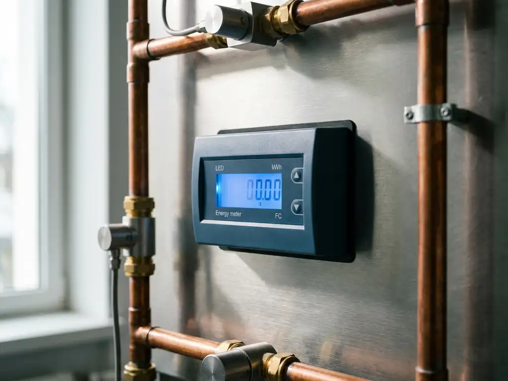 Industrieller Energiezähler auf gebürstetem Stahlpanel mit Kupferrohren und Sensorhardware in natürlichem Licht.