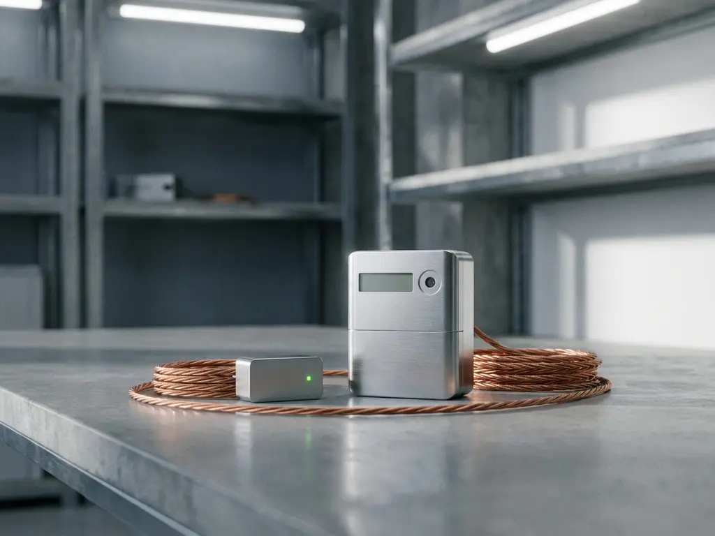 Energiezähler und Steuermodul auf Betonoberfläche mit kupferfarbenen Kabeln und grüner LED-Anzeige.