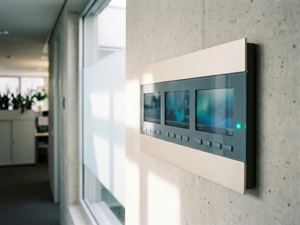 Wandmontiertes Gebäudesteuerungspanel mit digitalen Displays an einer Betonwand in einem modernen Büroflur mit natürlichem Tageslicht.