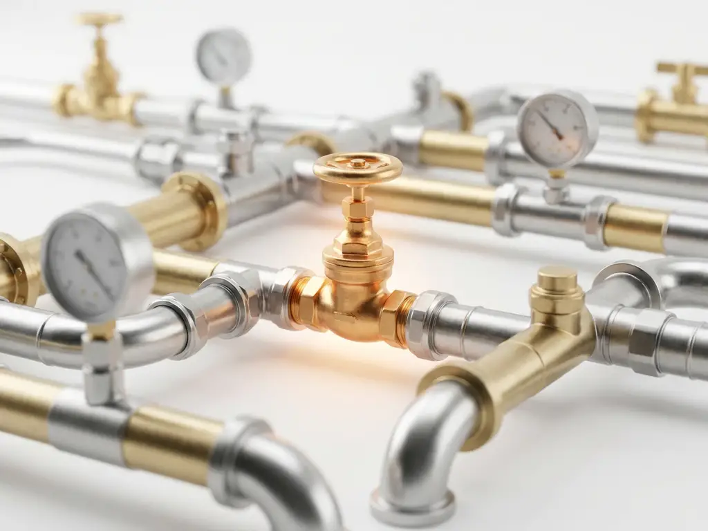Industrielles Rohrsystem mit Ventilen aus Metall, zentrales Ventil in warmem Bernsteinlicht hervorgehoben, minimalistischer Hintergrund.