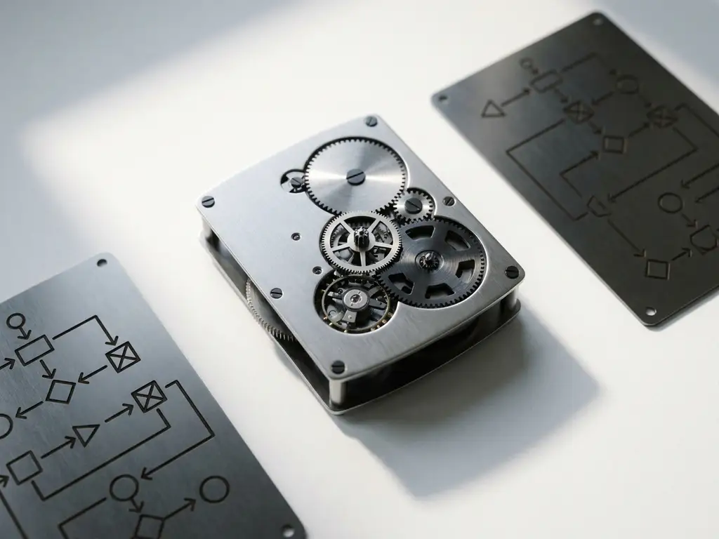 Freiliegendes Uhrwerk mit Präzisionszahnrädern auf weißer Fläche, umgeben von minimalistischen Prozessdiagrammen aus mattem Metall.