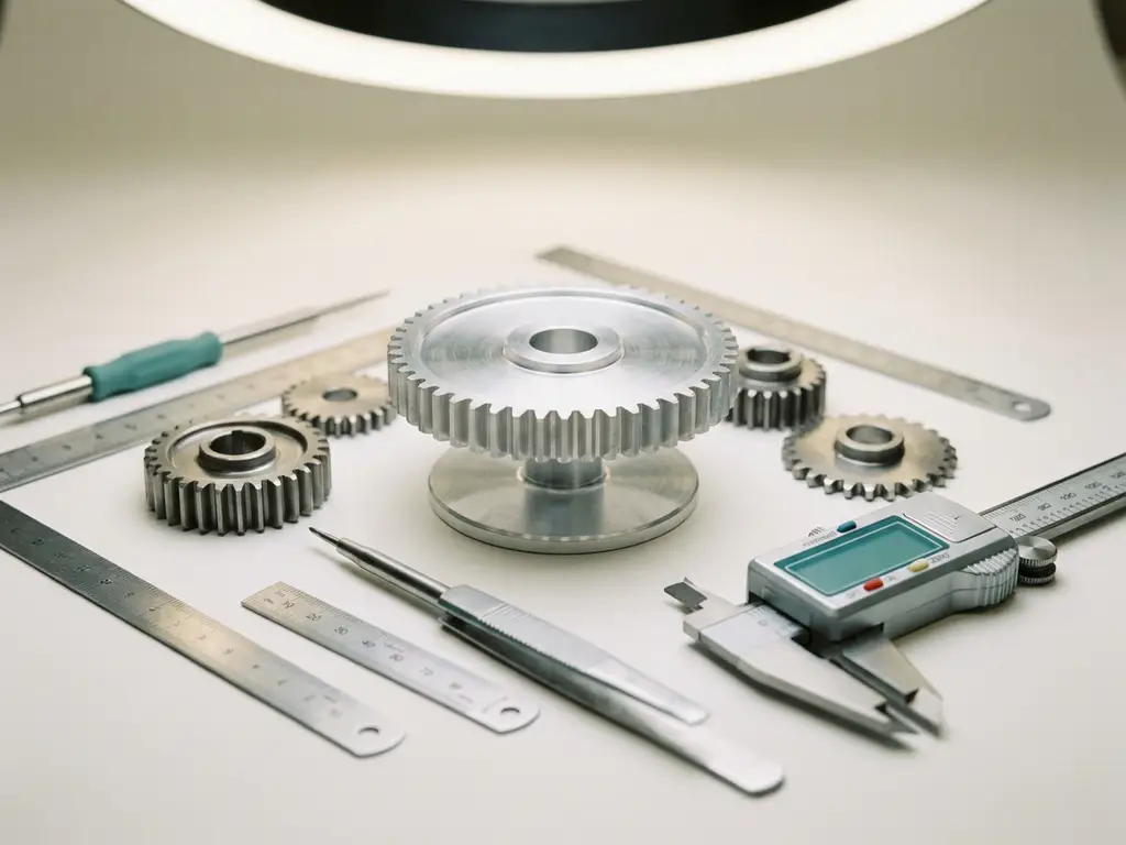 Metallzahnräder und Präzisionswerkzeuge auf weißer Fläche, digitaler Messschieber und Aluminiumlineale, Studiobeleuchtung.