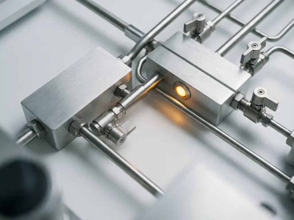 Silberne Industrierohre und Ventile auf weißer Fläche mit leuchtendem Bernstein-Kontrolllämpchen auf gebürstetem Metall.
