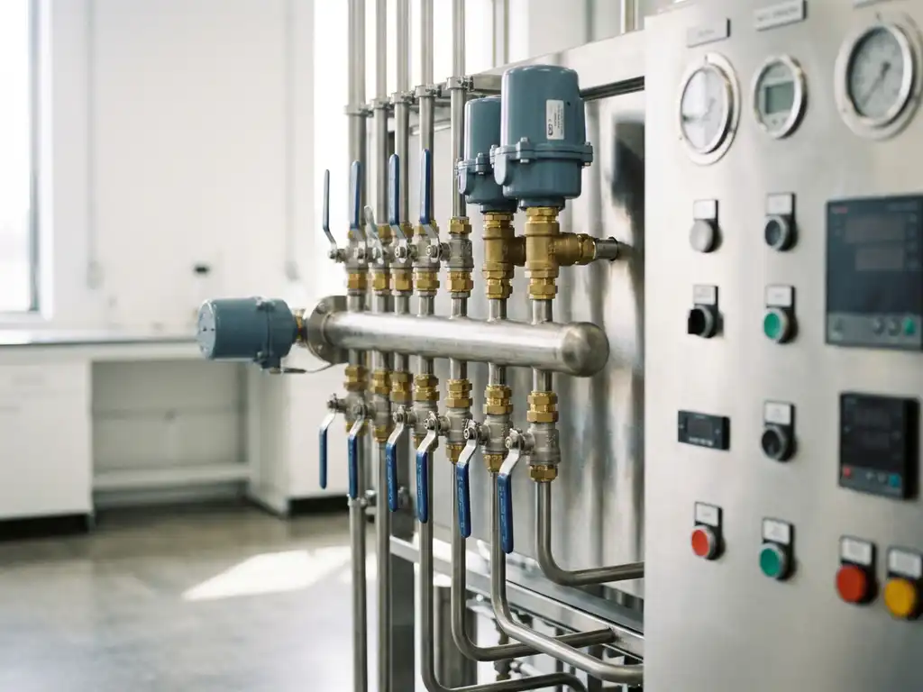 Edelstahlrohre und Ventilkomponenten führen zu einem industriellen Steuerungspanel, beleuchtet von diffusem Tageslicht.