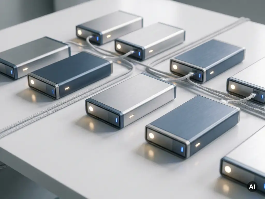 Beleuchtete Datenspeicher-Module in geometrischer Anordnung auf weißer Oberfläche mit Kabelverbindungen und flachen Schatten.