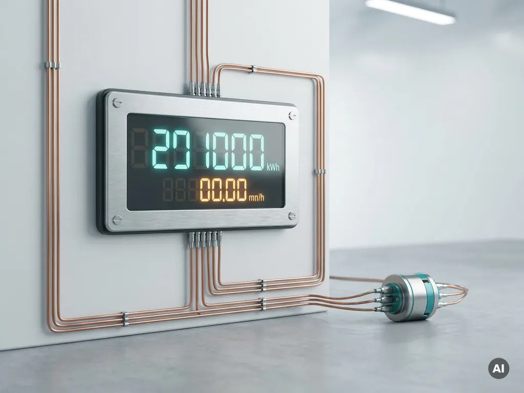Digitaler Energiezähler auf weißem Industriepanel mit Kupferkabeln, verbunden mit einem Produkt auf Betonoberfläche, modernes Studio-Setting.