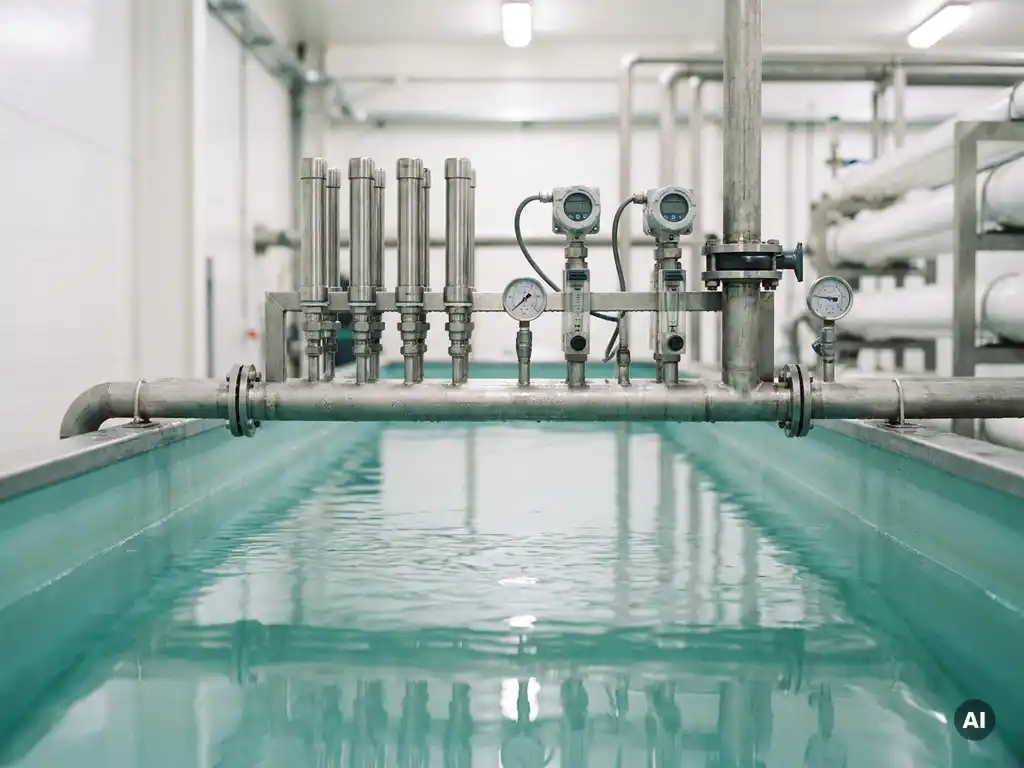 Edelstahl-Durchflussmesser und Sensoren an Industrierohren über einer ruhigen Wasseroberfläche in einer modernen Aufbereitungsanlage.