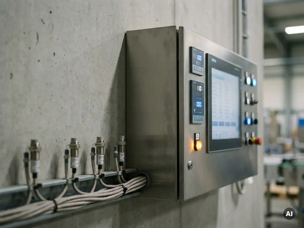 Industrielles Steuerungspanel mit Echtzeit-Datenanzeigen an grauer Fabrikwand, Präzisionssensoren und geordnete Kabel im Vordergrund.