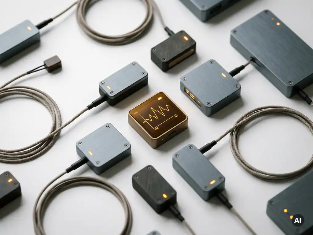 Moderne Sensoren und Datenlogger auf weißer Oberfläche, verbunden durch dünne Kabel, kleines Display mit Wellenformdaten, Draufsicht.