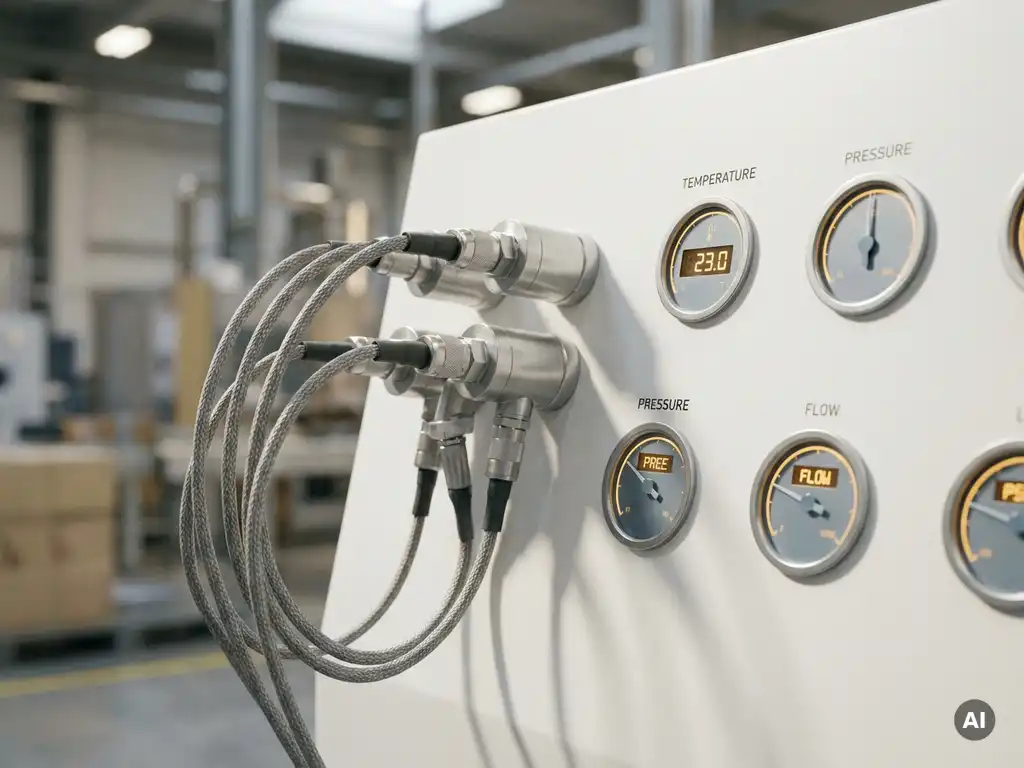 Industriesensoren und Datenkabel an mattem weißem Steuerungspanel mit analogen Messuhren aus gebürstetem Aluminium in moderner Fabrik.
