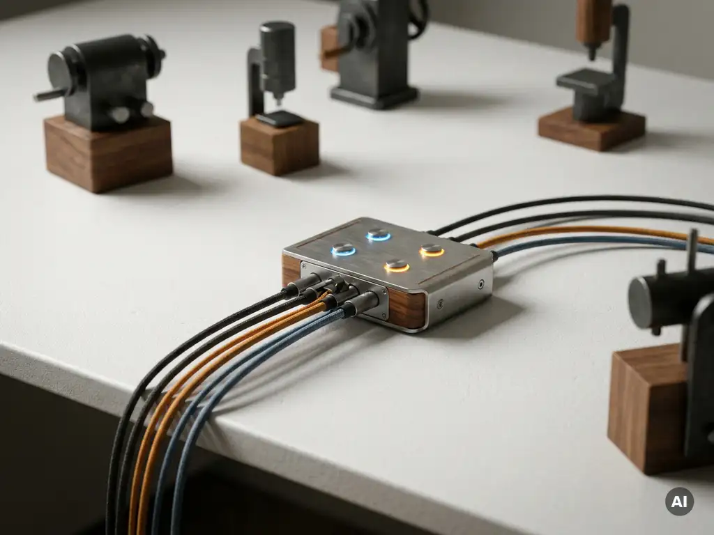 Industrieller Steuerungs-Hub mit gebündelten Kabeln auf matter weißer Oberfläche, umgeben von miniaturisierten Maschinensilhouetten in Stahlblau und Bernstein.