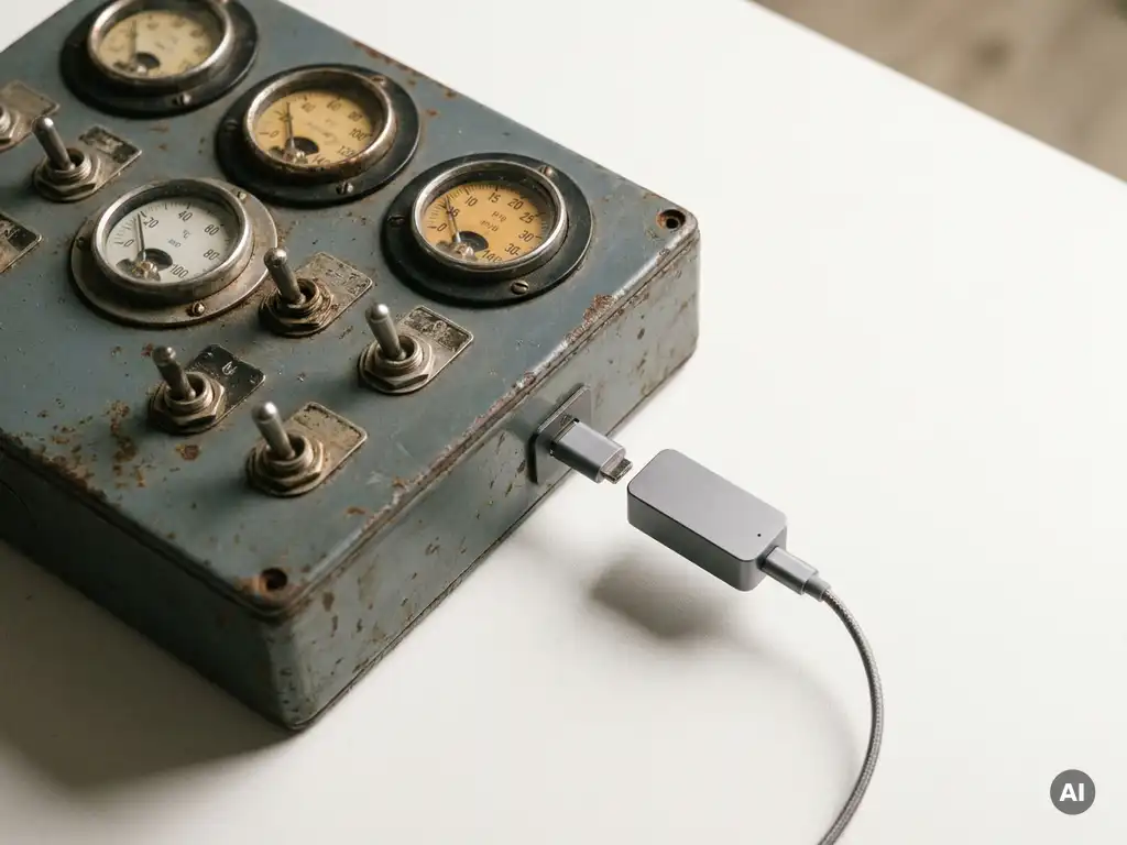 Verwittertes industrielles Steuerungspanel mit analogen Messgeräten und Metallschaltern, verbunden mit einem modernen Sensormodul per Datenkabel.