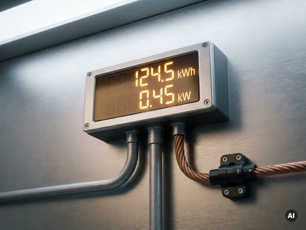 Industrieller Energiezähler auf Stahlblende mit leuchtendem Amber-Display und Präzisionssensorklemme an Kupferkabel.