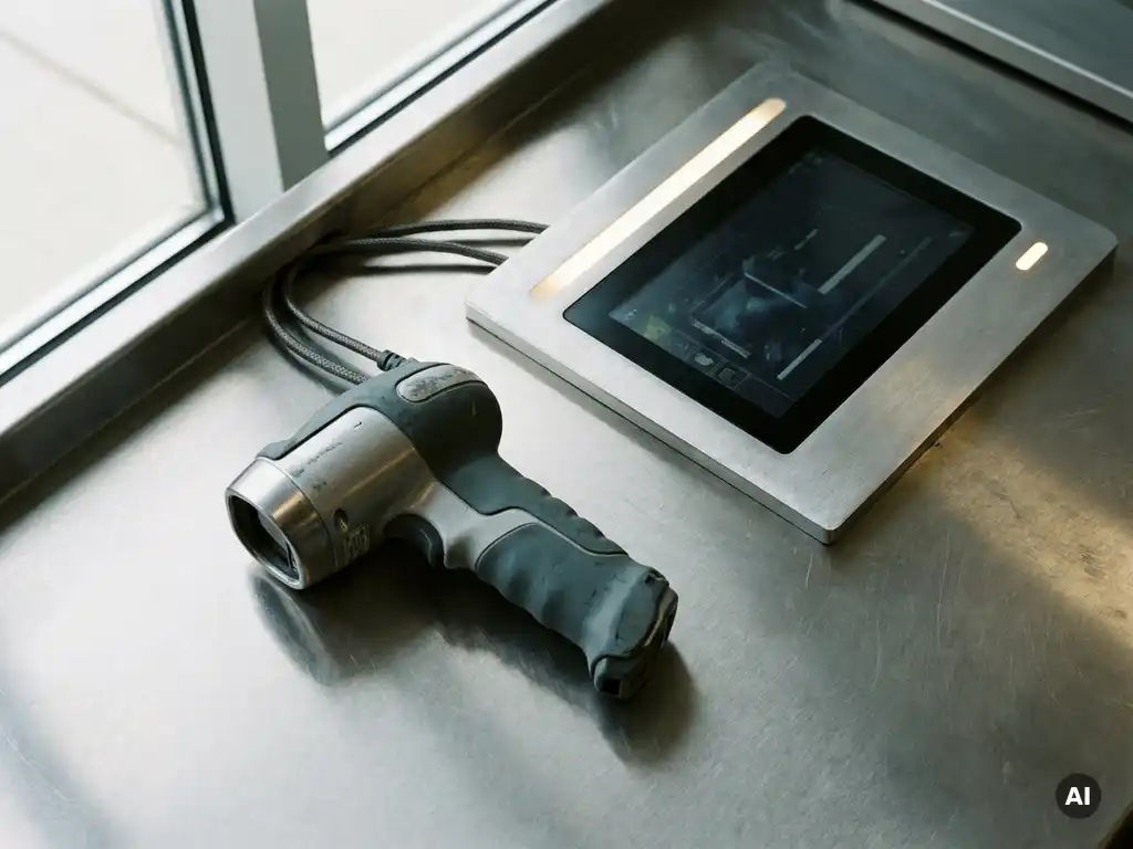 Industrieller Handscanner neben einem wandmontierten Datenterminal auf gebürstetem Metall, verbunden durch minimalistische Kabel, Draufsicht.