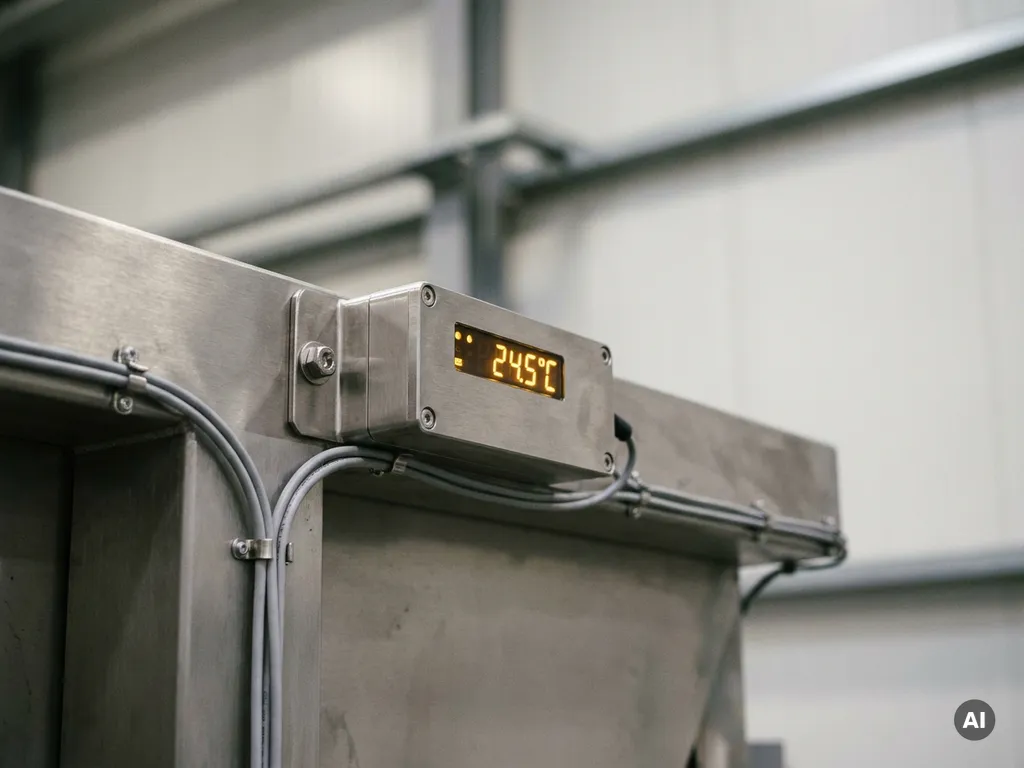 Industrieller Sensor auf gebürstetem Stahl mit Datenkabeln und leuchtendem Amber-Display in moderner Fertigungsumgebung.