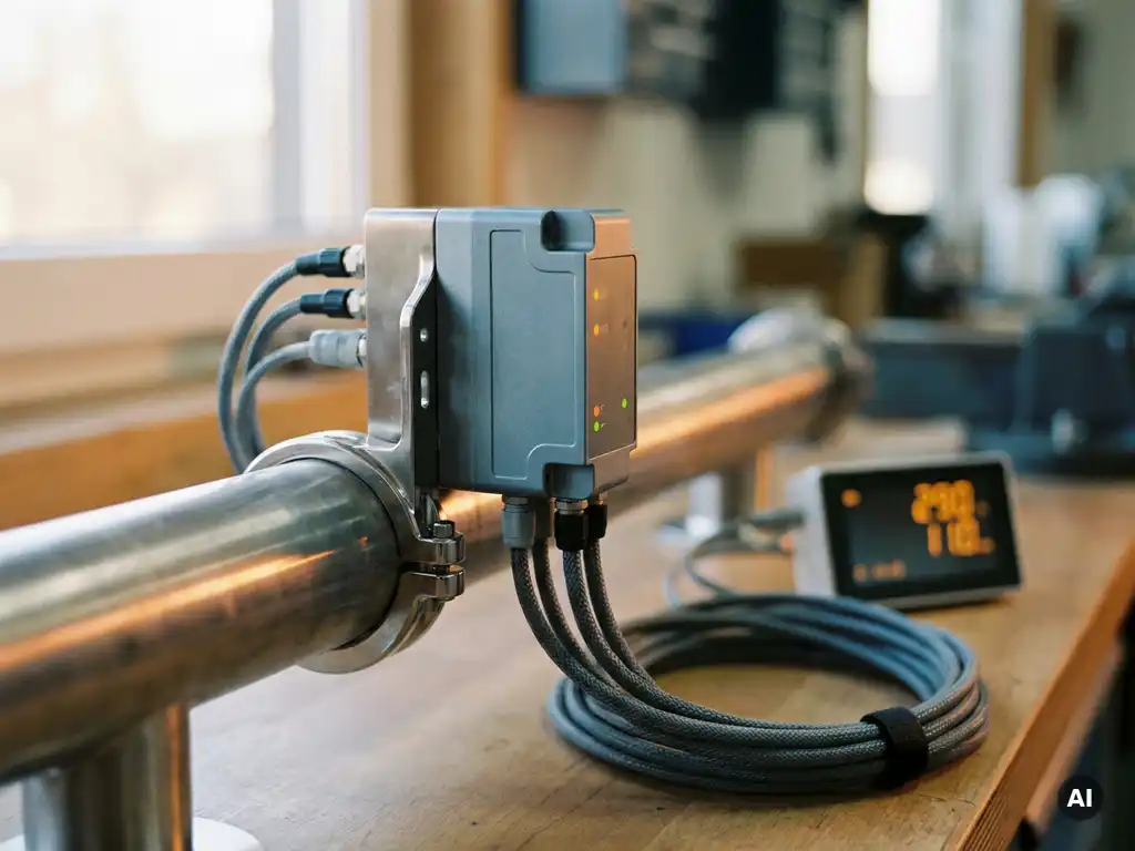 Industrieller Sensor an gebürstetem Metallrohr mit Datenkabeln, Kontrollleuchten und Dashboard-Anzeige in warmem Umgebungslicht.