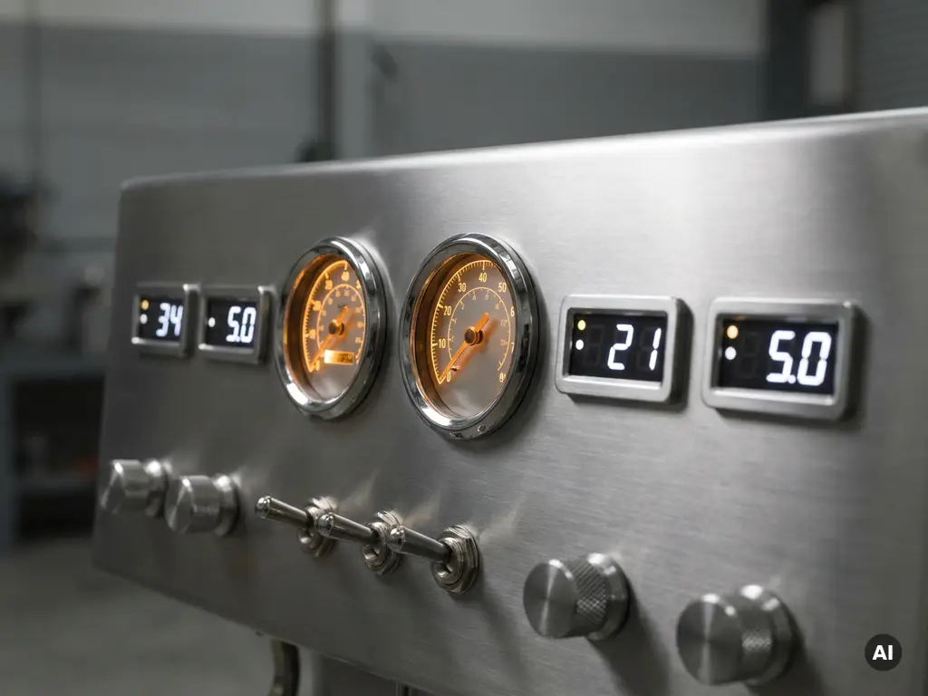 Industrielles Steuerungspanel mit leuchtenden Analoganzeigen und digitalen Messinstrumenten auf gebürstetem Stahl.