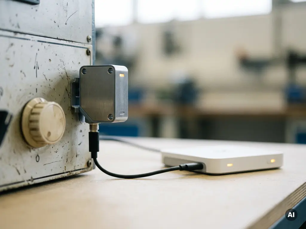 Industrieller Sensor am analogen Maschinenpanel, verbunden mit weißem Gateway-Gerät über Datenkabel, Stahl- und Weißtöne.
