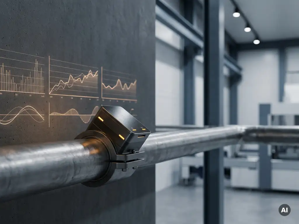 Industrieller Sensor an gebürstetem Stahlrohr mit Echtzeit-Datenkurven in Bernsteinlicht auf matter Oberfläche.