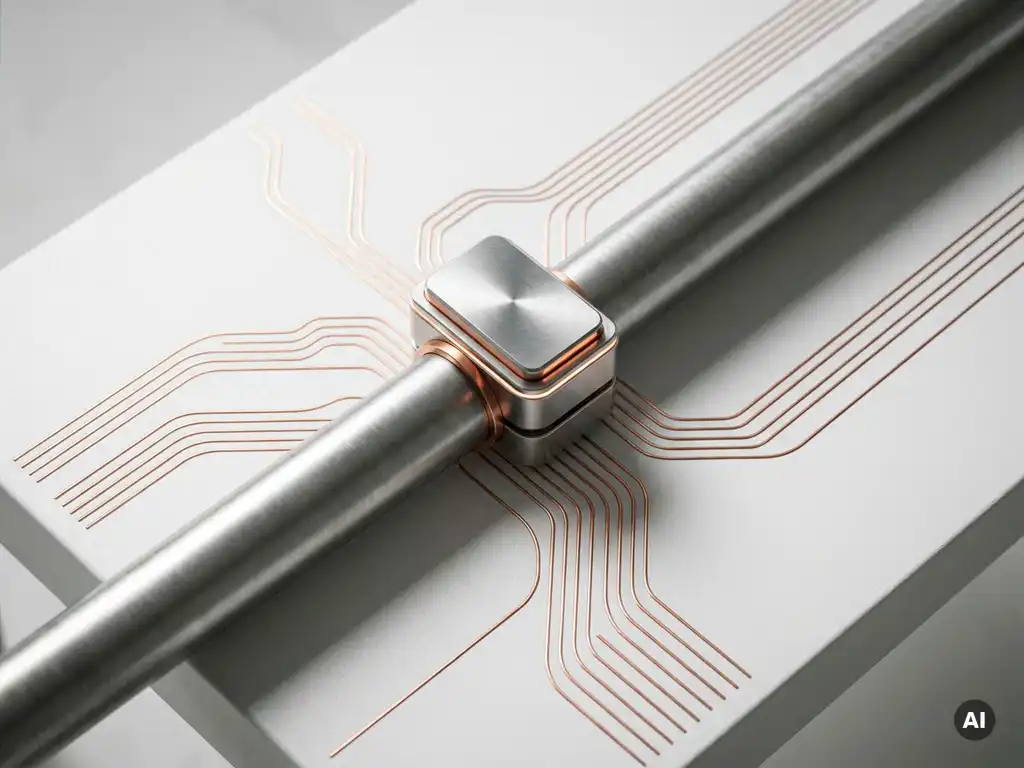 Industrieller Sensor auf gebürstetem Metallrohr mit kupferfarbenen Datenleitungen auf weißer Oberfläche, Draufsicht.