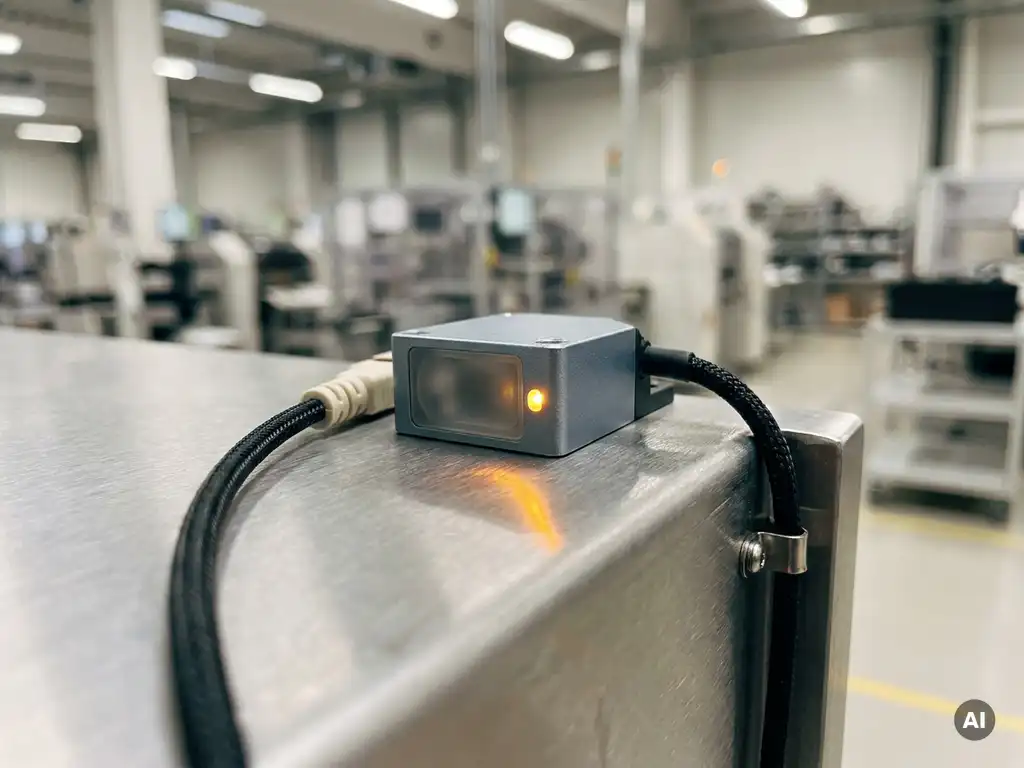 Industrieller Sensormodul auf gebürstetem Metall mit leuchtendem Amber-Statuslicht und ordentlich verlegtem Datenkabel.