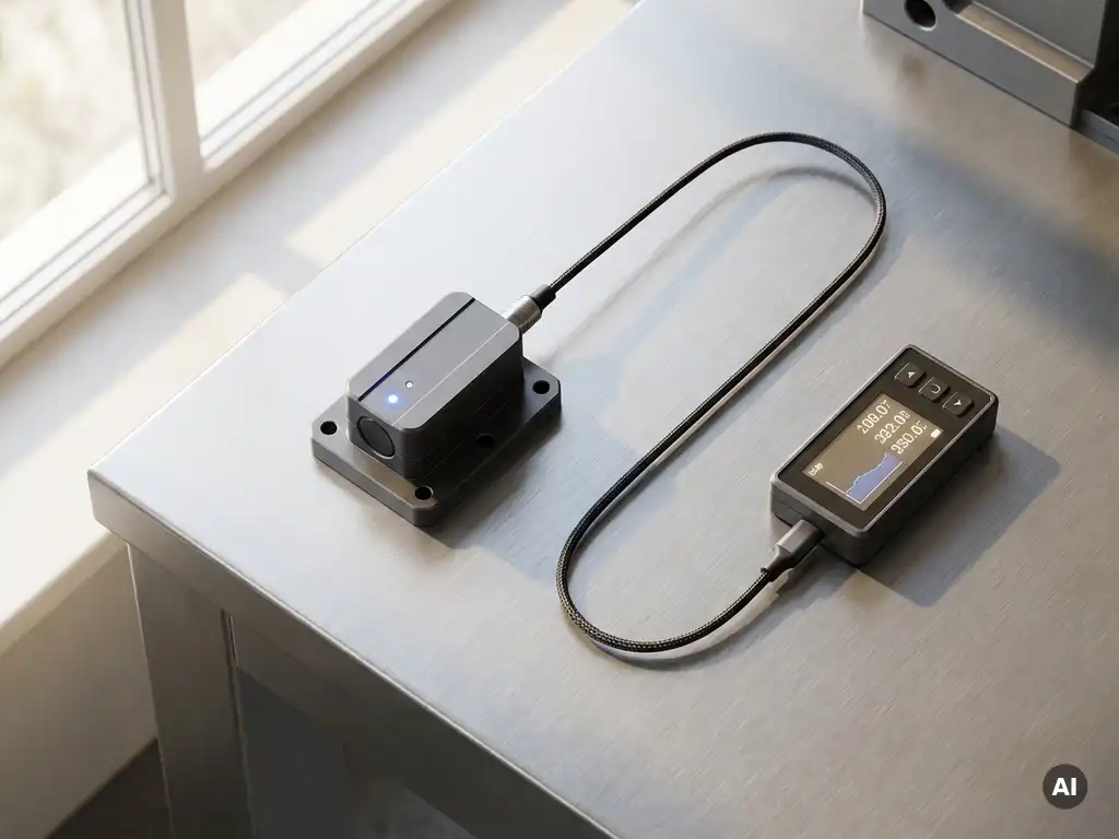 Industrieller Sensormodul auf gebürstetem Metall, verbunden mit kompakter Datenanzeige, elektrisch-blaue Akzente, Draufsicht.