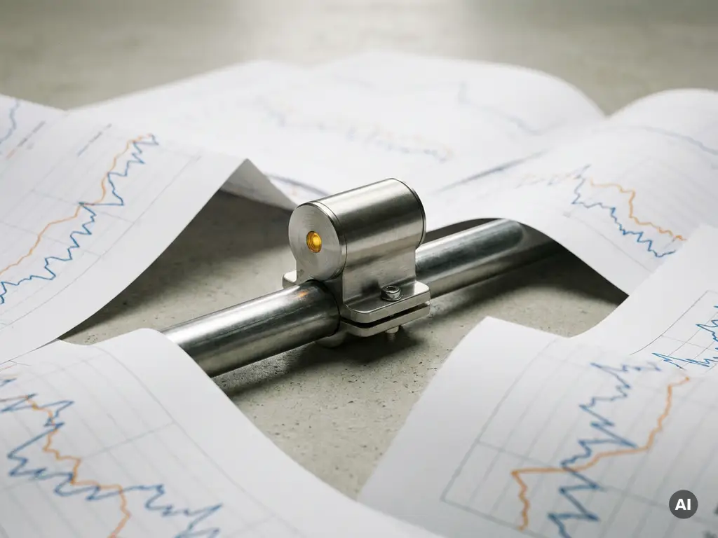 Industrieller Sensor an gebürstetem Stahlrohr mit Datenvisualisierungskurven auf mattem Papier, Studiobeleuchtung, Nahaufnahme.