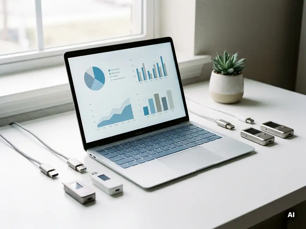 Laptop mit Daten-Dashboard auf weißem Schreibtisch, umgeben von USB-Sensoren und Messgeräten, mit kleinem Sukkulenten-Topf im Hintergrund.
