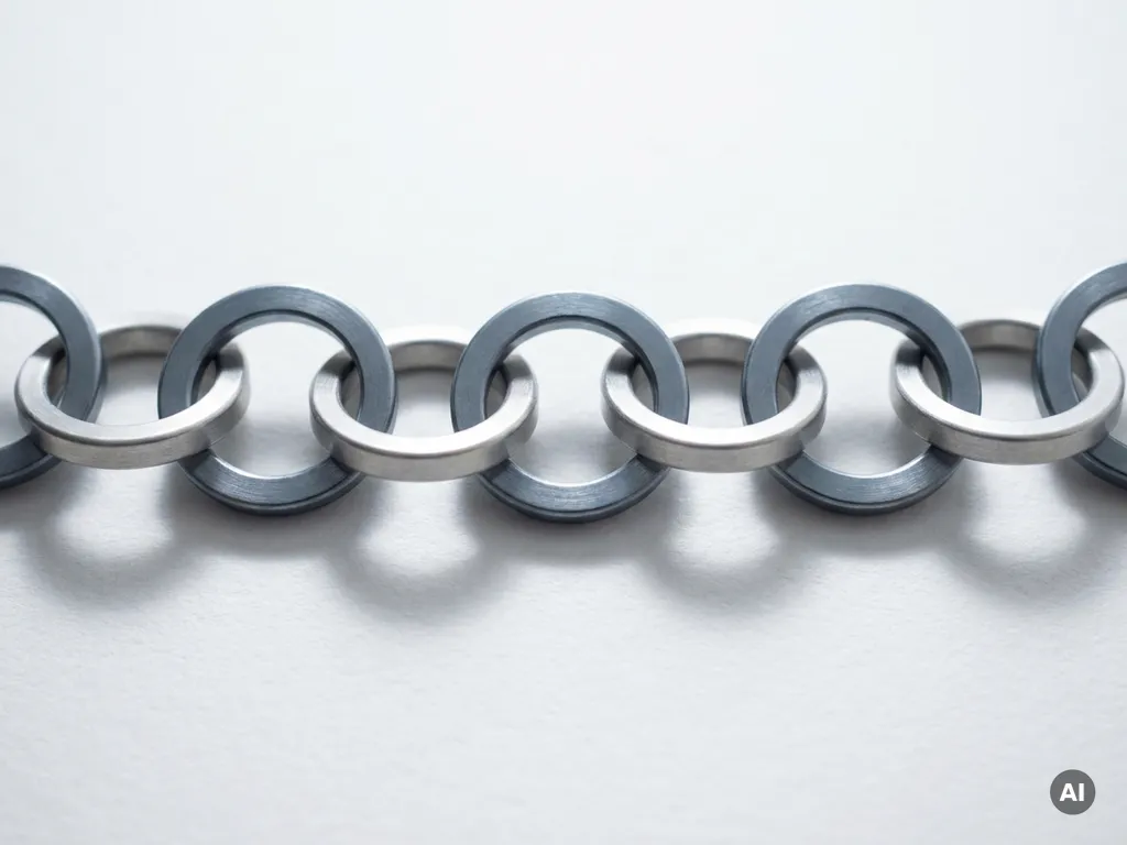 Metallische Kettenringe auf weißer Oberfläche mit weichen Schatten, symbolisieren Phasen und Progression, Makroaufnahme.