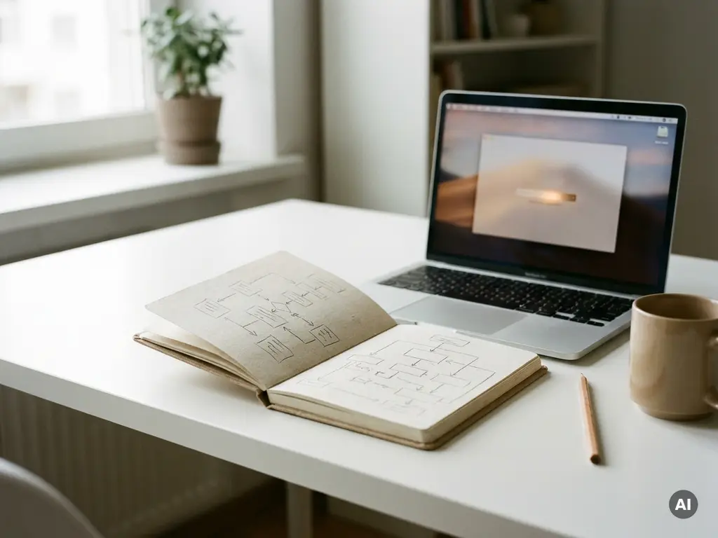 Aufgeschlagenes Notizbuch mit handgezeichnetem Flussdiagramm neben einem Laptop auf einem weißen Schreibtisch im minimalistischen Workspace.