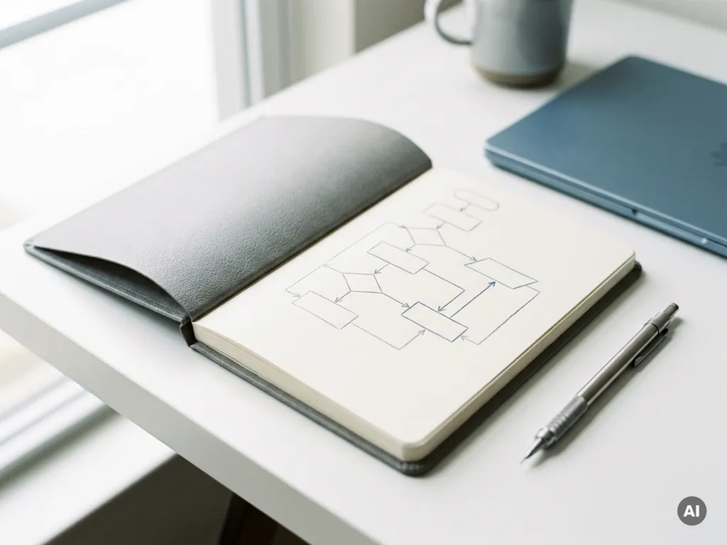 Aufgeschlagenes Notizbuch mit geometrischem Flussdiagramm und Druckbleistift auf weißem Schreibtisch, Laptop im Hintergrund.