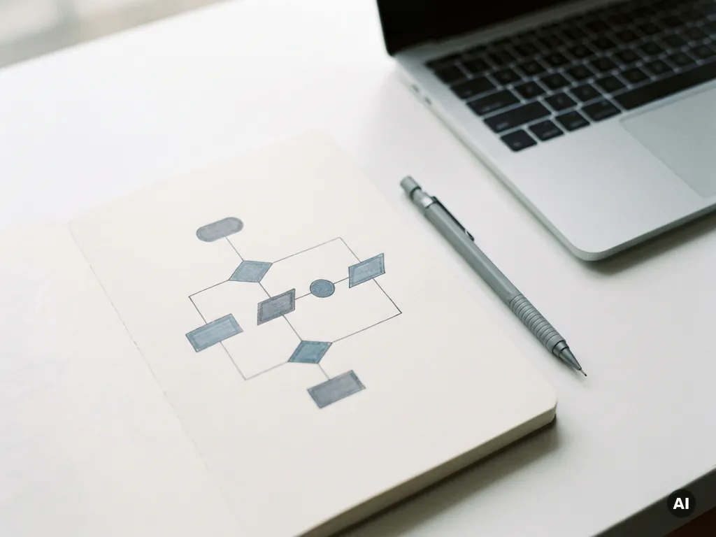 Aufgeschlagenes Notizbuch mit geometrischem Flussdiagramm und Druckbleistift auf weißem Schreibtisch, Laptop im Hintergrund.