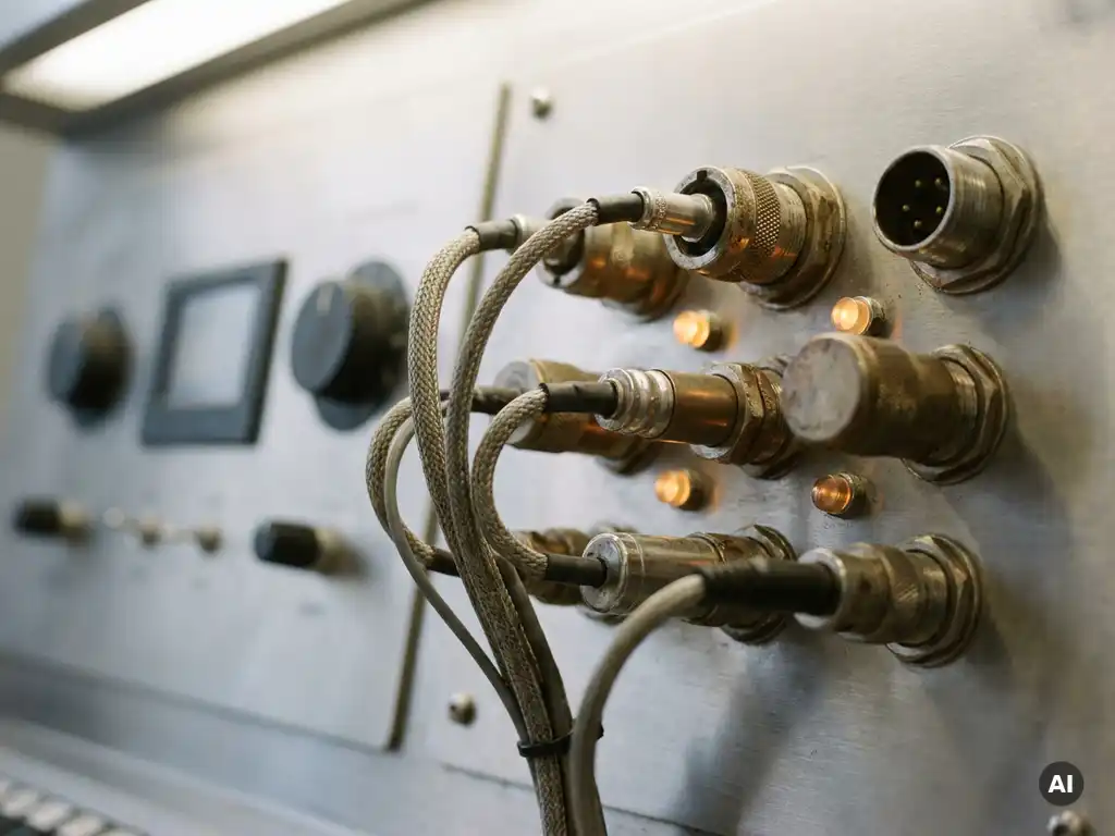 Präzisions-Industriesensoren mit Datenkabeln auf gebürstetem Stahlpanel, sanft leuchtende Bernstein-Kontrollleuchten, Armaturenbrett im Hintergrund.