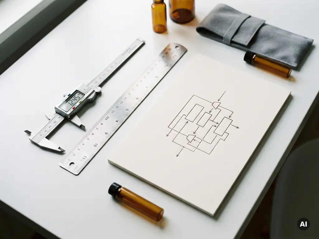 Präzisionswerkzeuge – digitaler Messschieber, Aluminiumlineal und Flussdiagramm auf mattem Papier – in einem flachen Overhead-Layout auf weißem Untergrund.