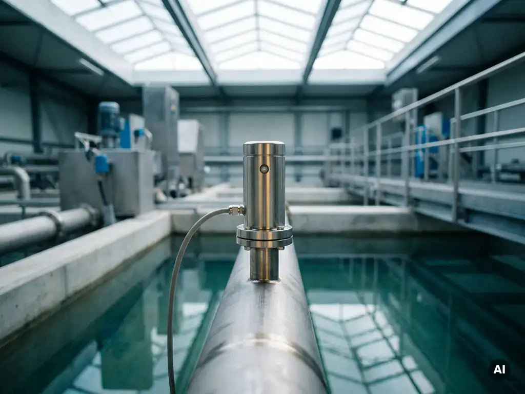 Edelstahl-Sensormodul an einer Industrierohrleitung in einer modernen Wasseraufbereitungsanlage mit ruhiger Wasseroberfläche im Hintergrund.