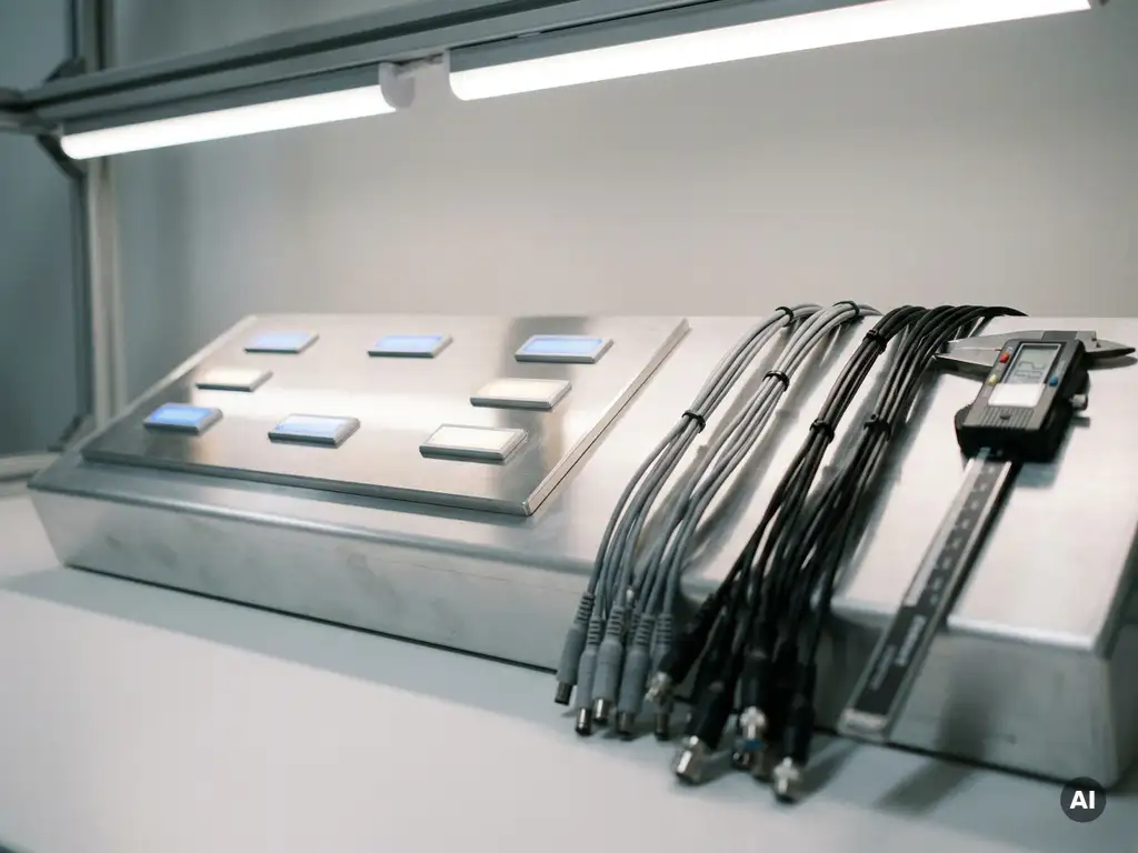 Industrielles Steuerungspanel mit leuchtenden Statusanzeigen, Sensorkabeln und Präzisionsmessgerät auf gebürstetem Aluminium.
