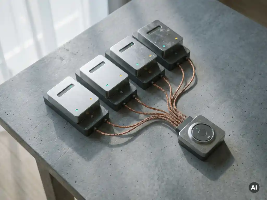 Minimalistische Energiezähler und Sensoren, verbunden durch Kupferdrähte, die in einem modernen Hub auf grauem Beton zusammenlaufen.