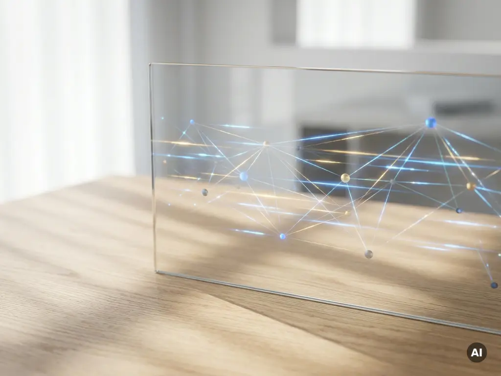 Transparente Glasscheibe mit vernetzten Datenpfaden auf hellem Eichenholz-Schreibtisch, beleuchtet von natürlichem Tageslicht.