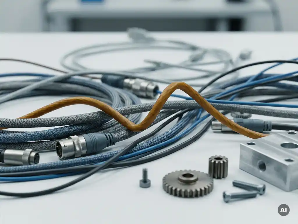 Verwirrtes Bündel Industriedatenkabel mit geknickte Leitung auf weißer Oberfläche, umgeben von präzisionsgefertigten Metallkomponenten.