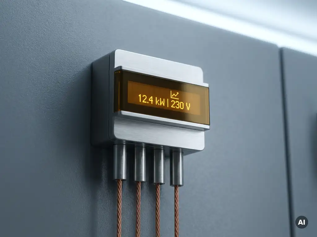 Industrieller Energiezähler mit leuchtendem Amber-Display und Kupferkabeln auf grauem Schaltpanel, Nahaufnahme.