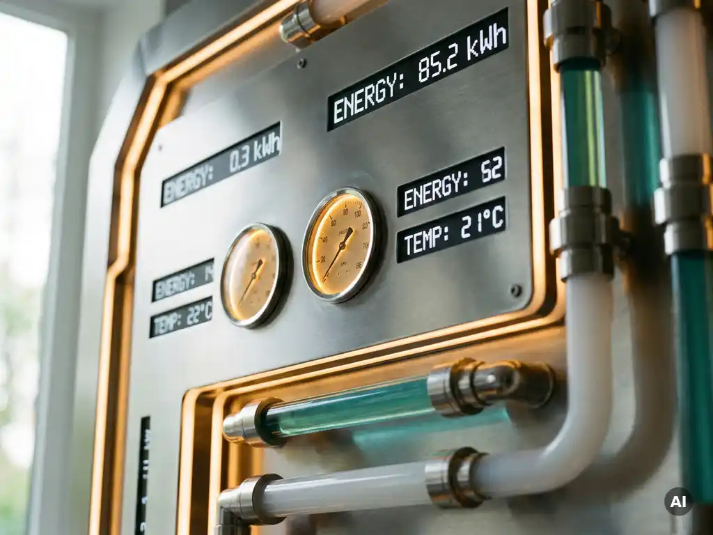 Industrielles Energiemonitor-Panel mit analogen Messgeräten, digitalen Displays und transparenten Kühlmittelleitungen auf gebürstetem Stahl.