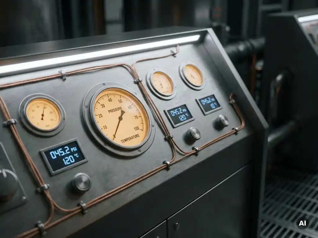 Industrielles Steuerungspanel mit beleuchteten Analoganzeigen und digitalen Displays auf gebürstetem Stahl, verbunden durch Kupferkabel.