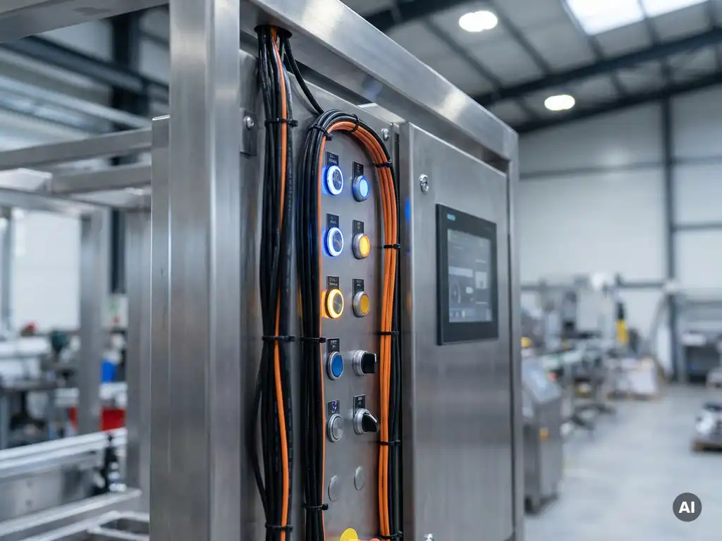 Industrielles Steuerungspanel mit leuchtenden Statusanzeigen und geordneten Kabelbündeln in moderner Fertigungsumgebung.