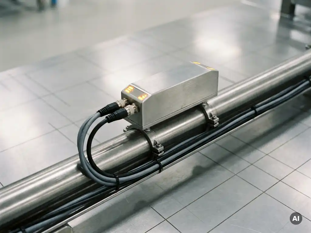 Industrieller Sensor auf gebürstetem Stahlrohr mit ordentlich verlegten Datenkabeln in einer modernen Fertigungsanlage.